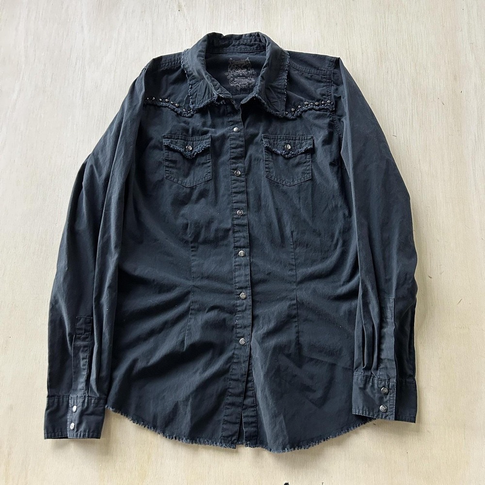Y2K Twenty X Shirt Womens Medium Black Studded Western Button Up Long Sleeve Top